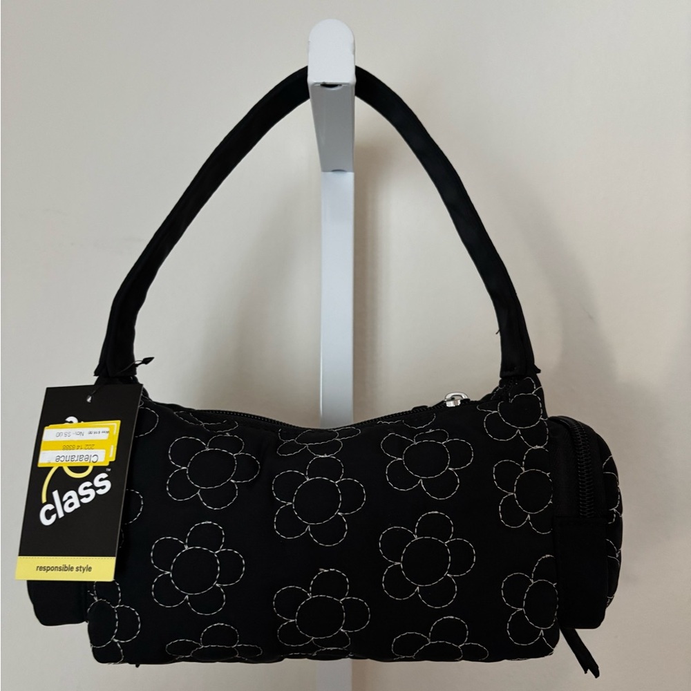 Black Floral Women's Bag. Cute small bag. Two pouches with zippers on the sides